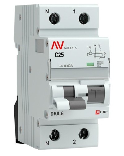 DVA-6 1P+N 25А (C) 30мА (AC) 6кА  AVERES (rcbo6-1pn-25C-30-ac-av). Автоматический выключатель дифференциального тока. EKF в Подольске