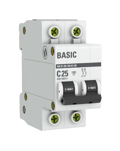 Автоматический выключатель 2P 25А (C) 4,5кА ВА 47-29 Basic (mcb4729-2-25C). Автоматический выключатель. EKF в Подольске