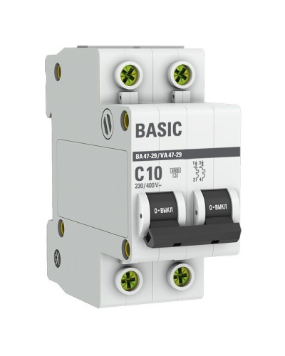 Автоматический выключатель 2P 10А (C) 4,5кА ВА 47-29 Basic (mcb4729-2-10C). Автоматический выключатель. EKF в Подольске